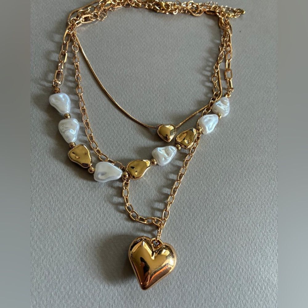 Gold pearl detail Heart Necklace M578 - Picture 3 of 4
